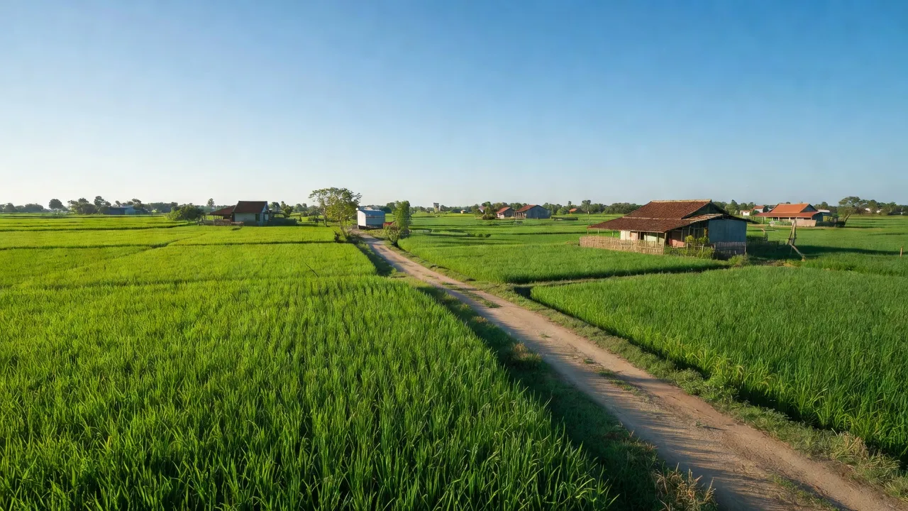 Cảnh đồng xanh và đường làng tại xã Hồng Kỳ, huyện Sóc Sơn, Hà Nội, thể hiện vẻ đẹp nông thôn.