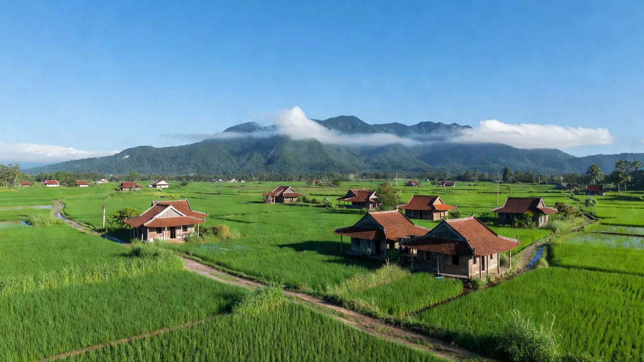 Khung cảnh làng Kim Lũ, Sóc Sơn, Hà Nội với cánh đồng xanh và nhà truyền thống Việt Nam.