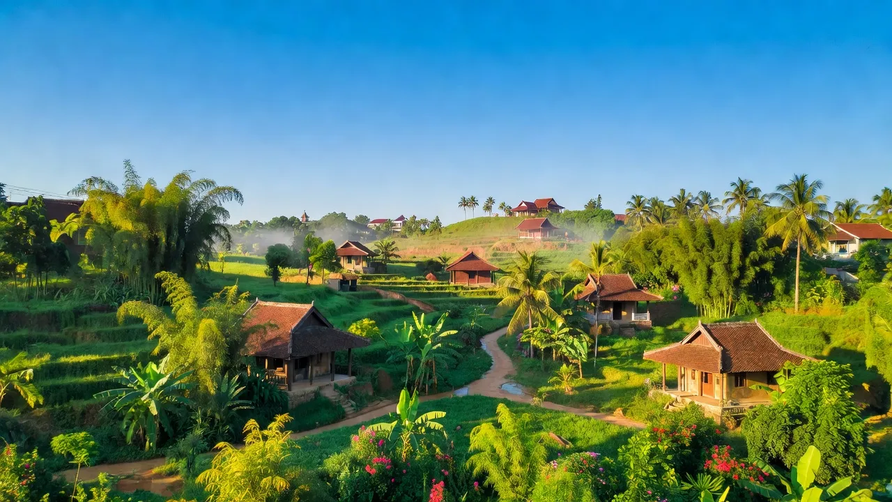 Khung cảnh tươi đẹp xã Kim Lũ, huyện Sóc Sơn, Hà Nội với cây cối xanh tươi và nhà truyền thống.