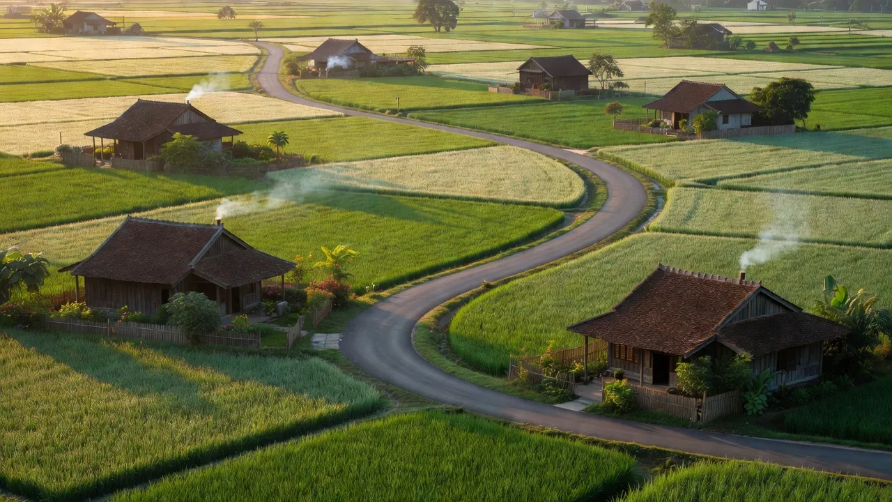 Cảnh đẹp xã Mai Đình huyện Sóc Sơn, Hà Nội với nhà nông thôn và đồng xanh tươi mát.