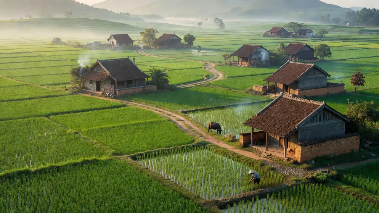 Khung cảnh thanh bình ở xã Mai Đình, huyện Sóc Sơn, Hà Nội với cánh đồng xanh mướt.