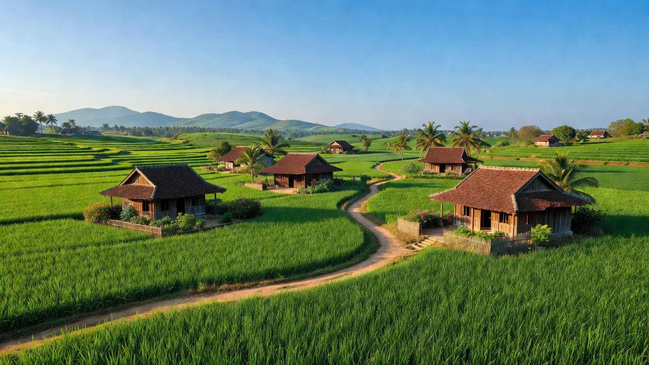 Khung cảnh bình yên Xã Minh Phú, Huyện Sóc Sơn, Hà Nội với cánh đồng xanh tươi.