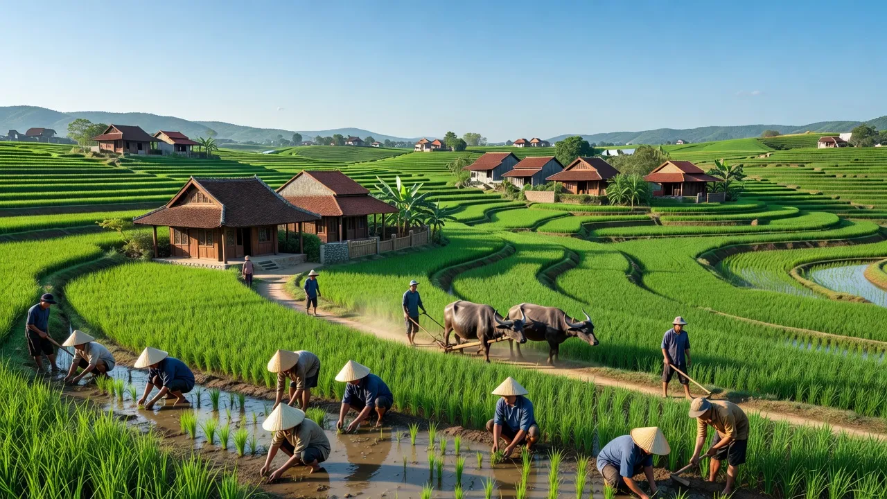 Cảnh đẹp xã Minh Trí, huyện Sóc Sơn, Hà Nội với ruộng lúa và nhà truyền thống.