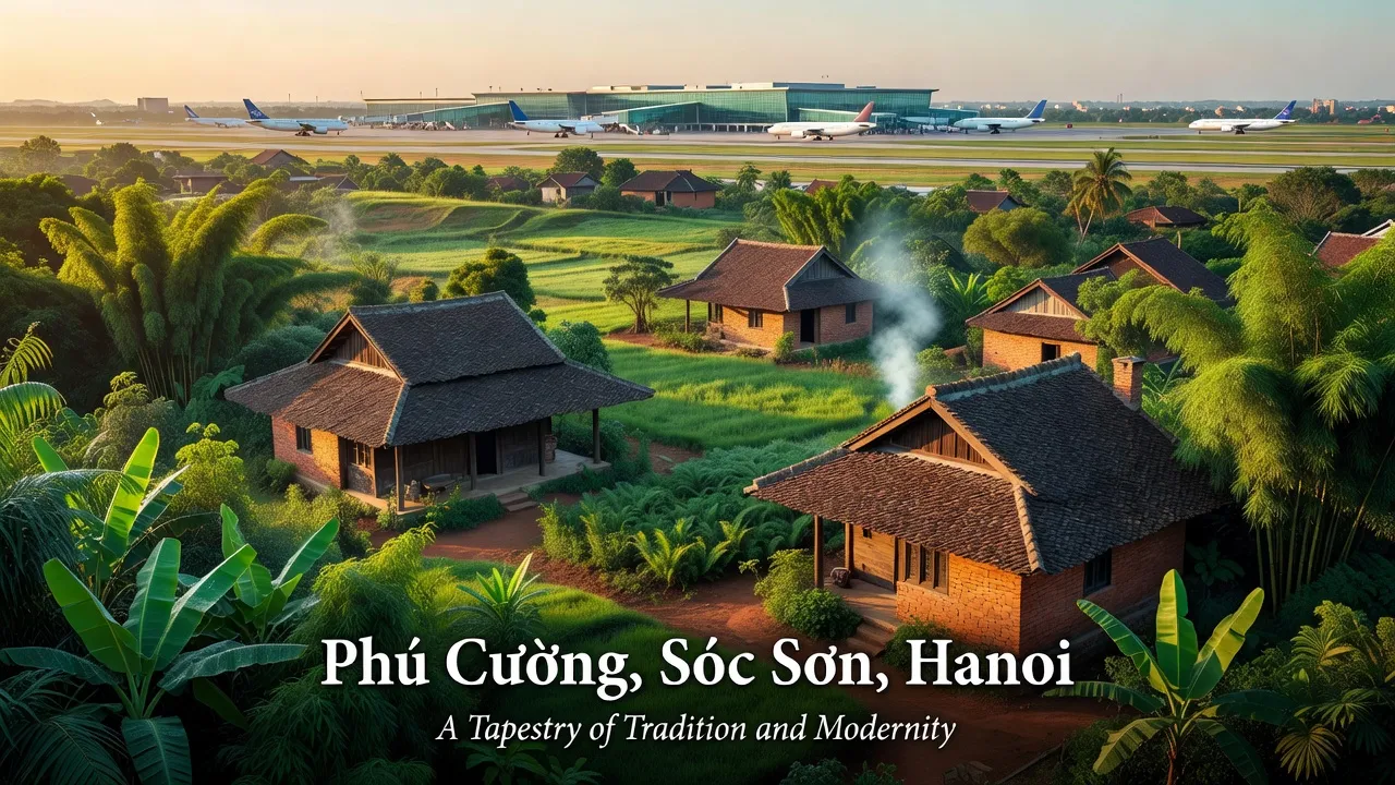 Khung cảnh xã Phú Cường, huyện Sóc Sơn, Hà Nội với cây xanh và nhà truyền thống.