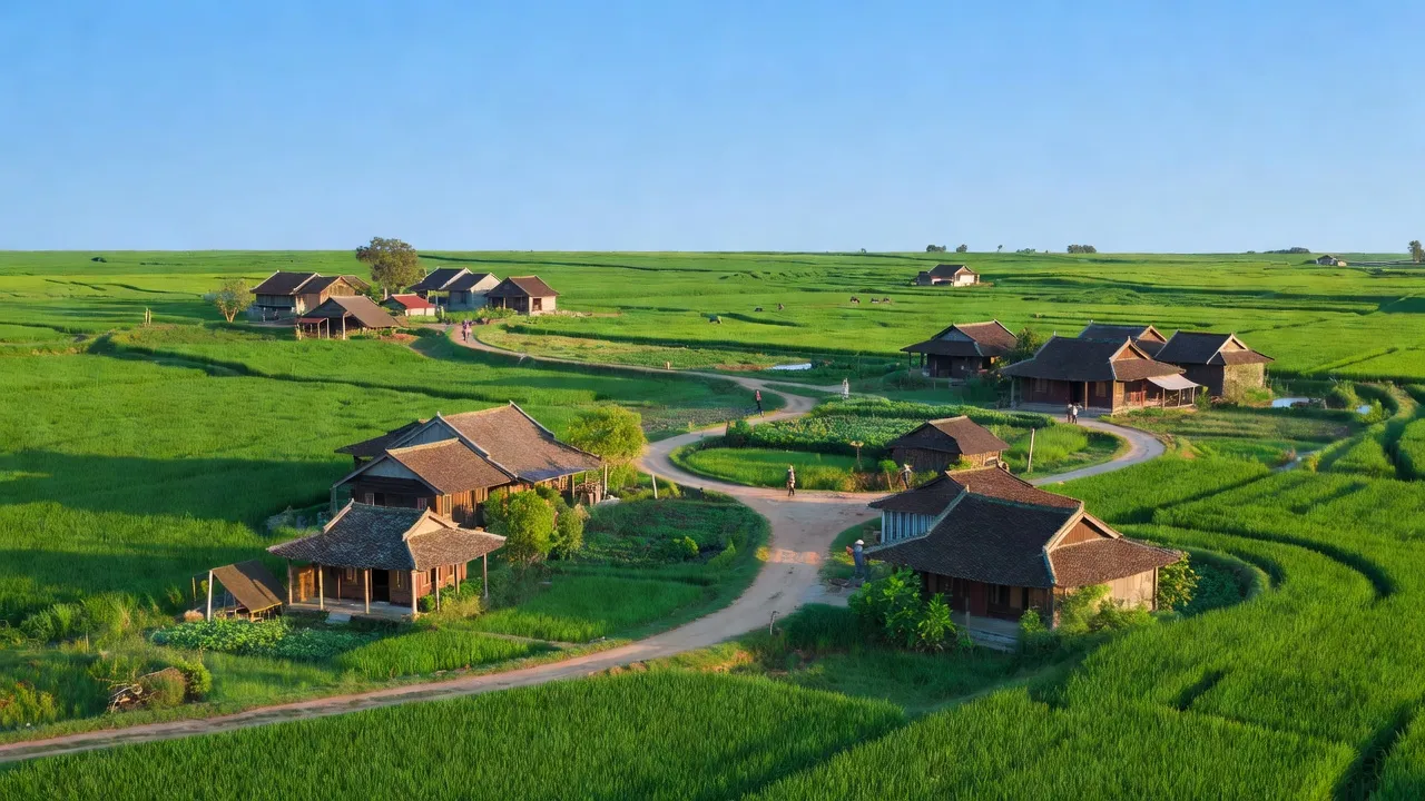Quang cảnh xã Phù Lỗ, huyện Sóc Sơn, Hà Nội với cánh đồng xanh và nhà truyền thống.