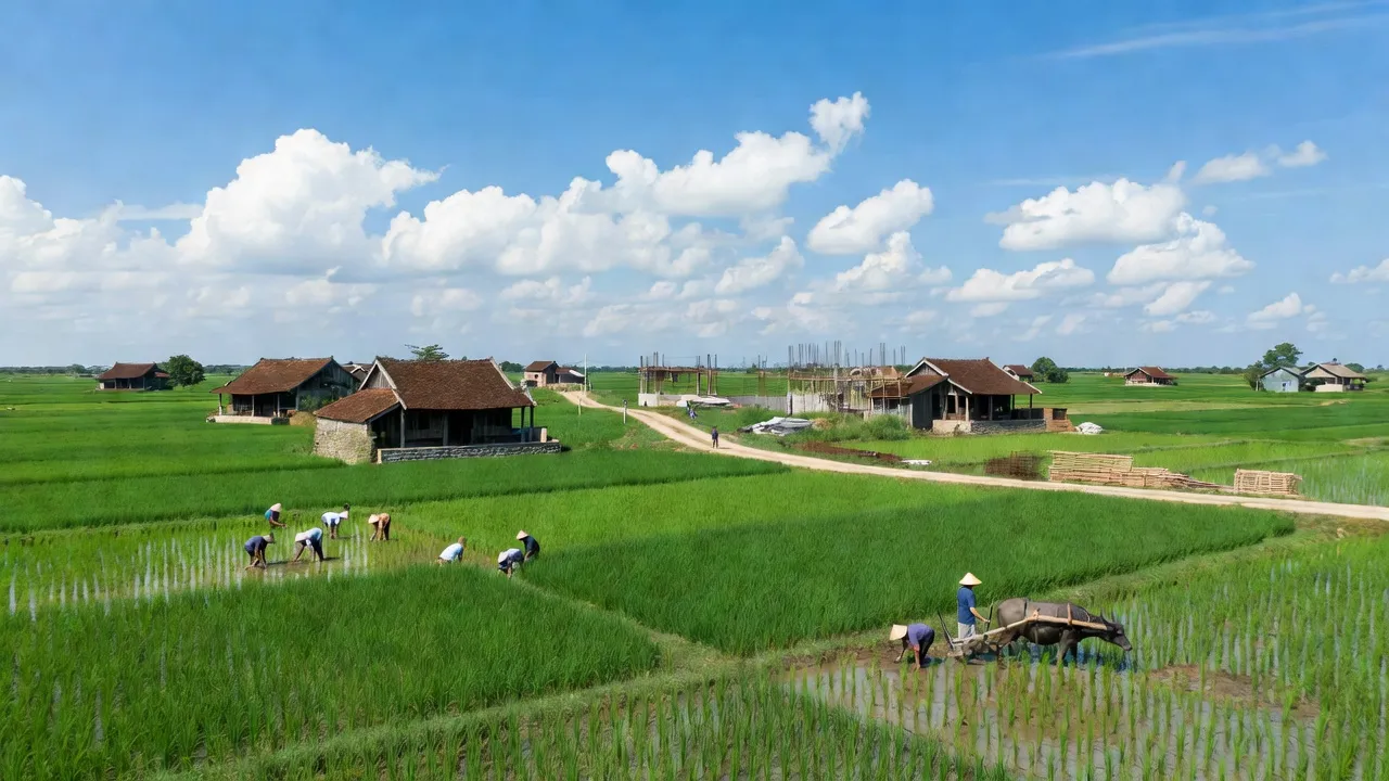 Xã Phú Minh, Huyện Sóc Sơn với cánh đồng xanh và nhà truyền thống, Hà Nội, Việt Nam.