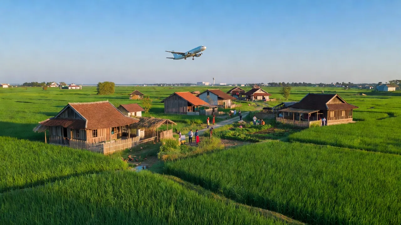 Cảnh đẹp xã Quang Tiến, huyện Sóc Sơn, Hà Nội với cánh đồng xanh tươi và nhà truyền thống.