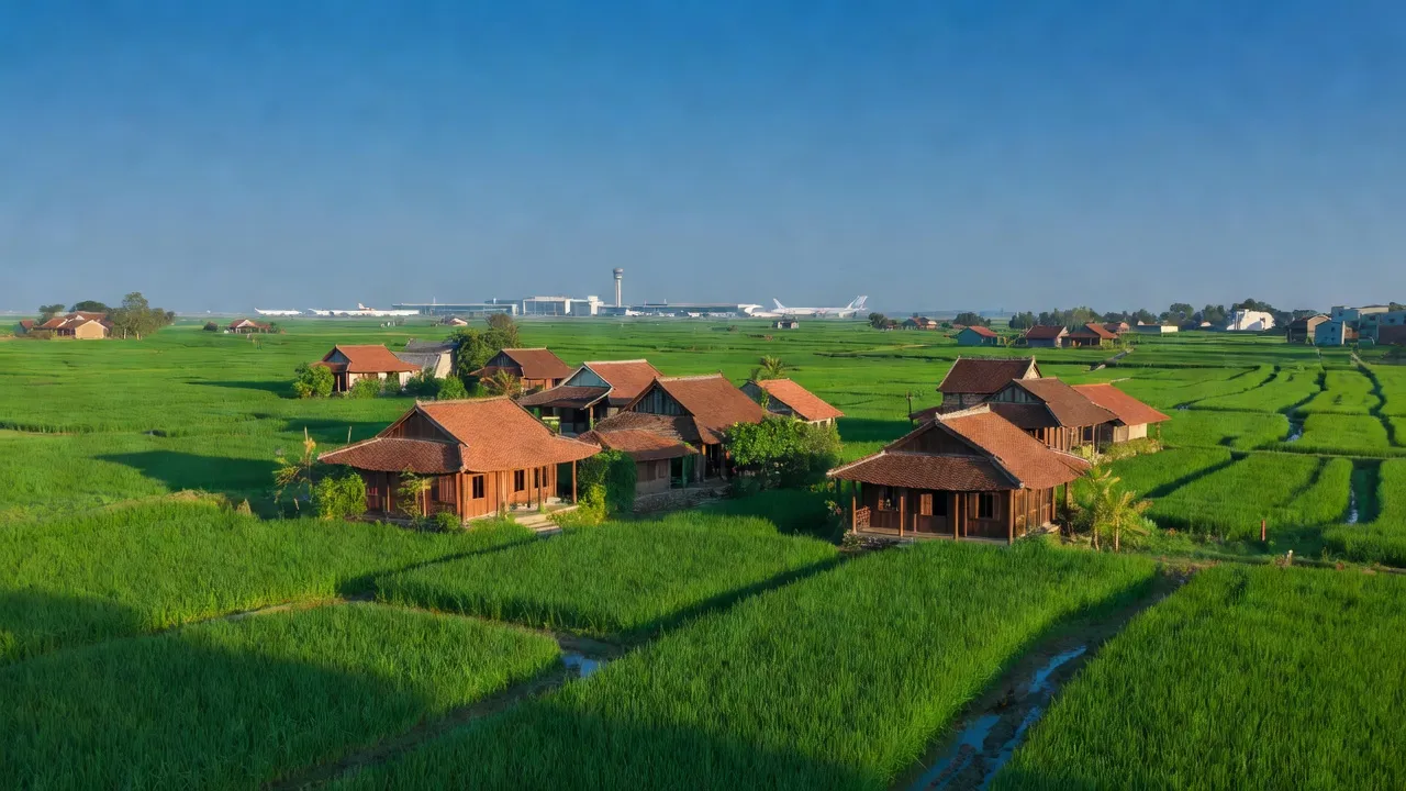 Khung cảnh xã Quang Tiến huyện Sóc Sơn, Hà Nội với cánh đồng xanh và nhà truyền thống.