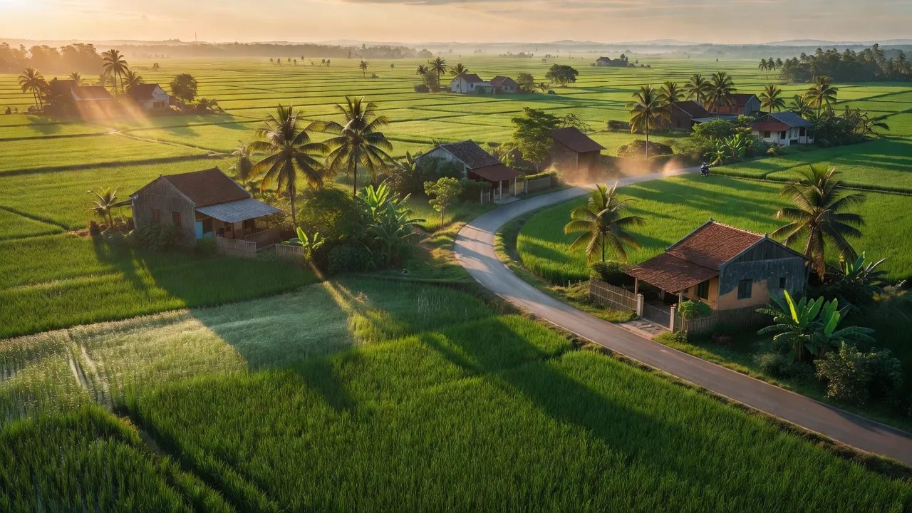 Cảnh quan xã Tân Dân, huyện Sóc Sơn, Hà Nội, cánh đồng xanh và nhà dân ven đường.