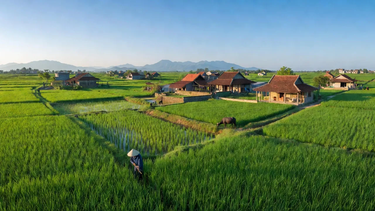 Cảnh quan xã Tân Dân, huyện Sóc Sơn, Hà Nội với cánh đồng xanh và nhà truyền thống.