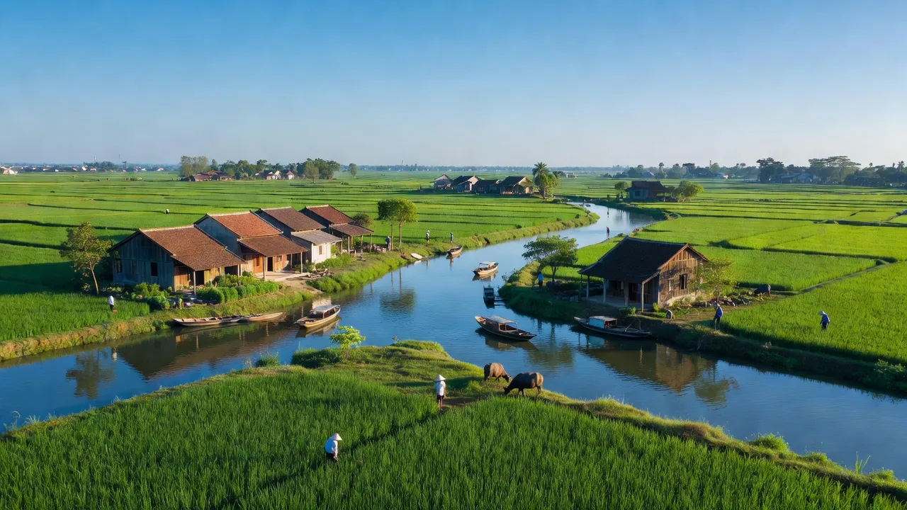 Cảnh quan xã Tân Hưng, huyện Sóc Sơn, Hà Nội với sông Cầu và đồng ruộng xanh tươi.
