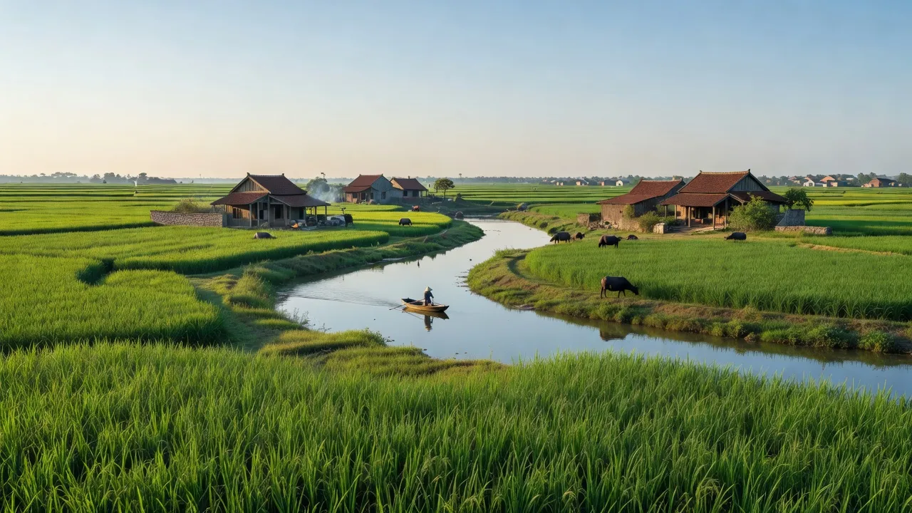Phong cảnh yên bình tại xã Tân Hưng, huyện Sóc Sơn, Hà Nội với cánh đồng lúa và sông Cầu.