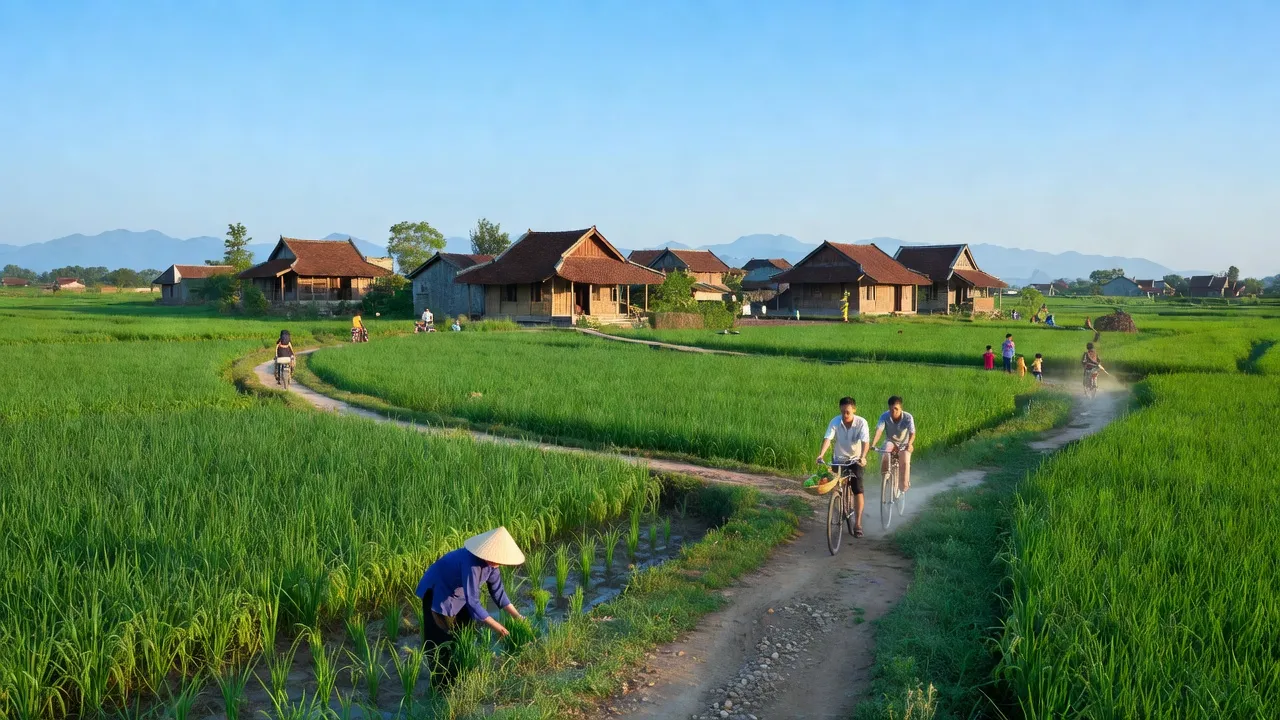Cảnh quan bình yên tại xã Tân Minh, Huyện Sóc Sơn, Hà Nội với cánh đồng xanh và nhà truyền thống.