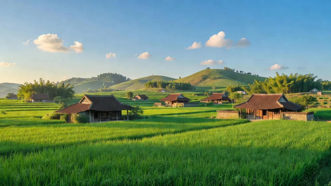 Cảnh quan yên bình của xã Thanh Xuân, huyện Sóc Sơn, Hà Nội với đồng cỏ và nhà truyền thống.