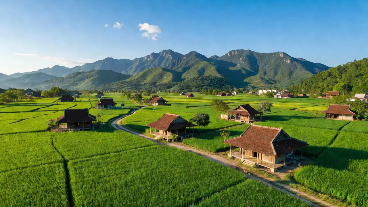 Cảnh quan xã Tiên Dược, huyện Sóc Sơn, Hà Nội, với nhà truyền thống và ruộng xanh.
