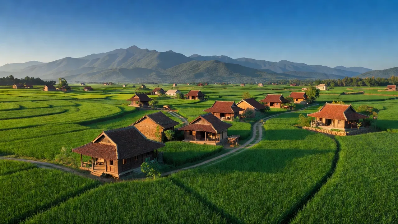 Khung cảnh xã Trung Giã, Sóc Sơn với cánh đồng xanh và nhà truyền thống Việt Nam.