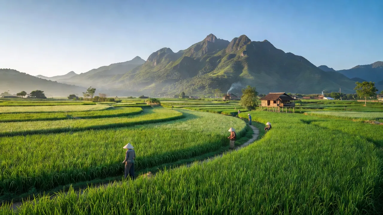 Cảnh đẹp xã Việt Long, huyện Sóc Sơn, Hà Nội với cánh đồng xanh và núi non hùng vĩ.