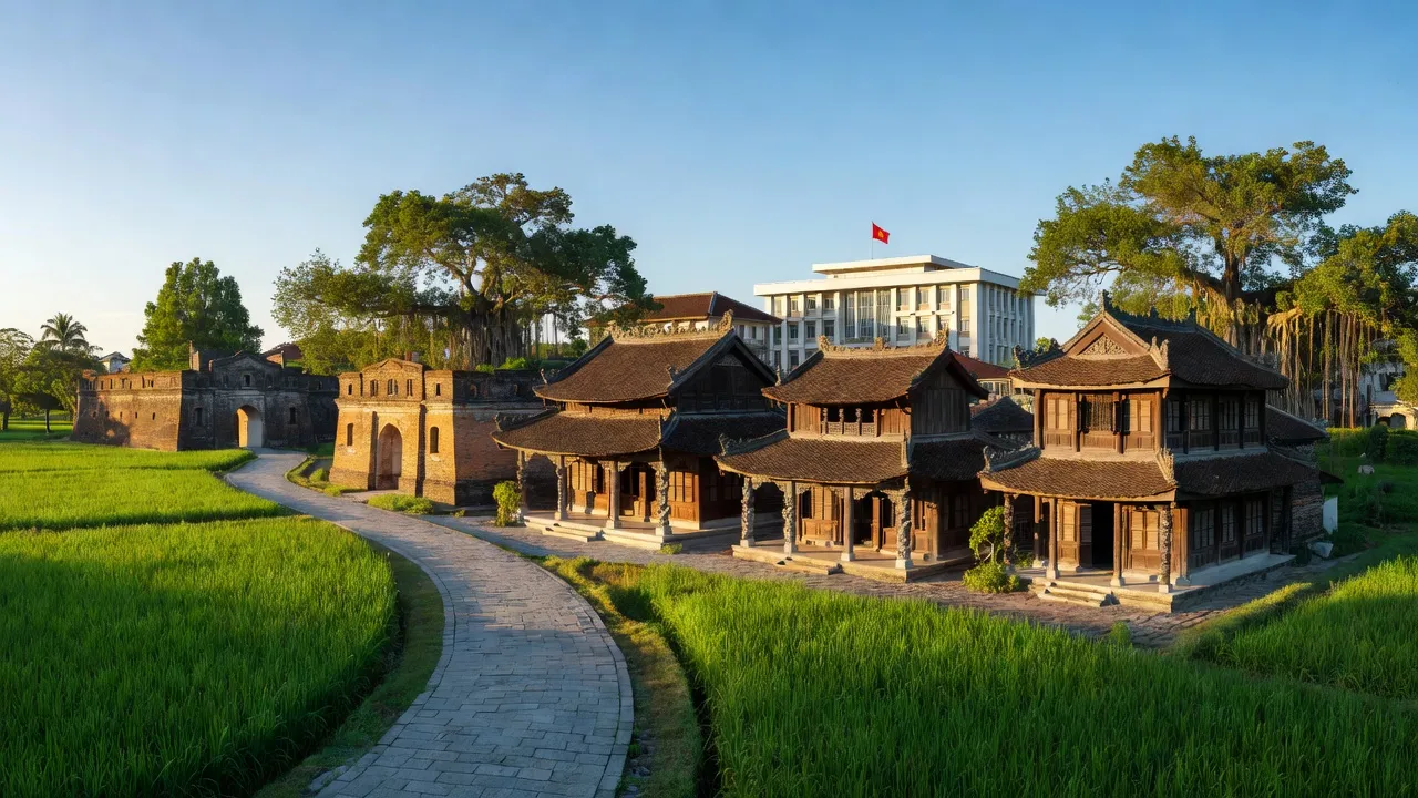Khung cảnh đẹp của thị xã Sơn Tây, Hà Nội với cảnh quan xanh và kiến trúc truyền thống.