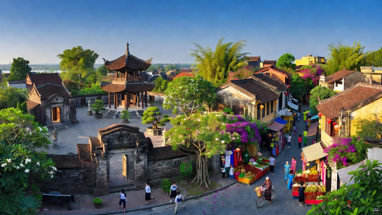 Khung cảnh thị xã Sơn Tây, Hà Nội với kiến trúc truyền thống và đường phố nhộn nhịp