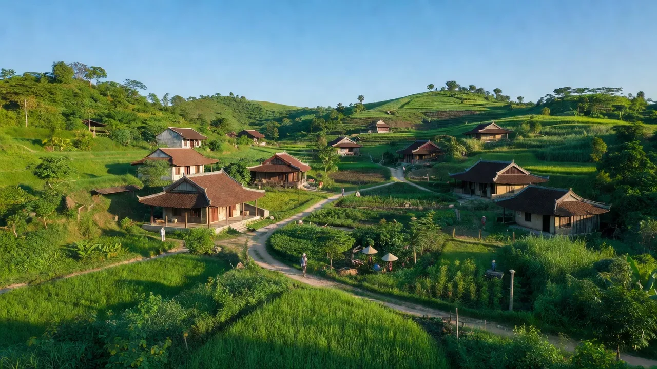 Xã Cổ Đông, Sơn Tây, Hà Nội, phong cảnh quê hương, nhà truyền thống, thiên nhiên tươi đẹp.