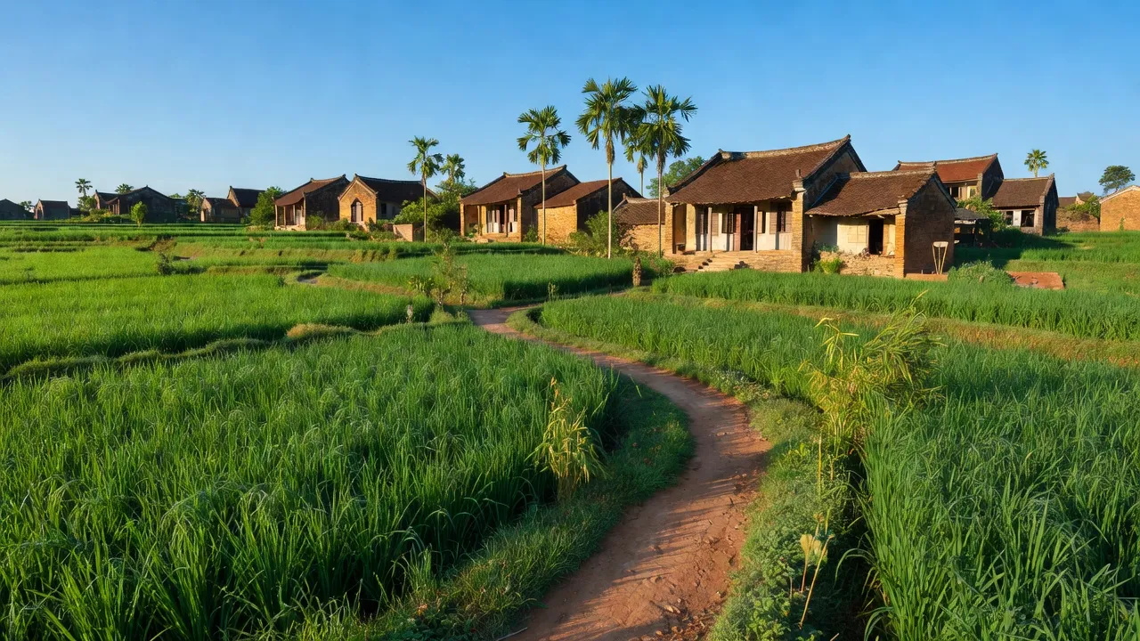 Cảnh đẹp xã Đường Lâm, Sơn Tây, Hà Nội với kiến trúc truyền thống và cánh đồng xanh.