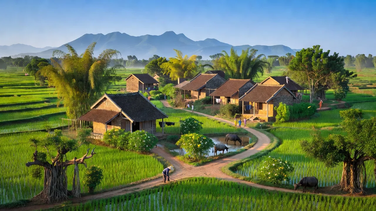 Khung cảnh bình yên xã Kim Sơn, thị xã Sơn Tây, cây xanh và nhà truyền thống tại Hà Nội.