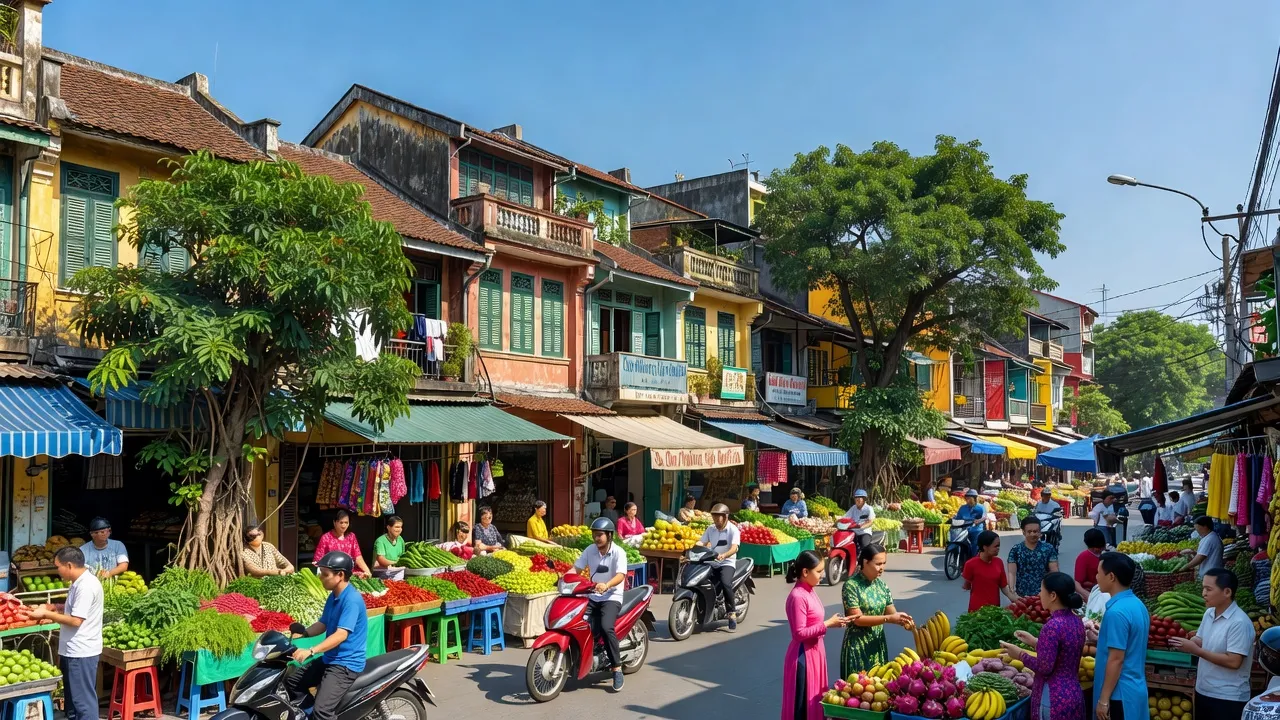 Khung cảnh sôi động tại Phường Ngô Quyền, Thị xã Sơn Tây, Hà Nội với kiến trúc và đời sống hàng ngày.