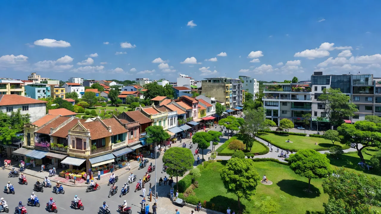Phong cảnh Phường Phú Thịnh, Sơn Tây, Hà Nội với kiến trúc địa phương và công viên xanh.