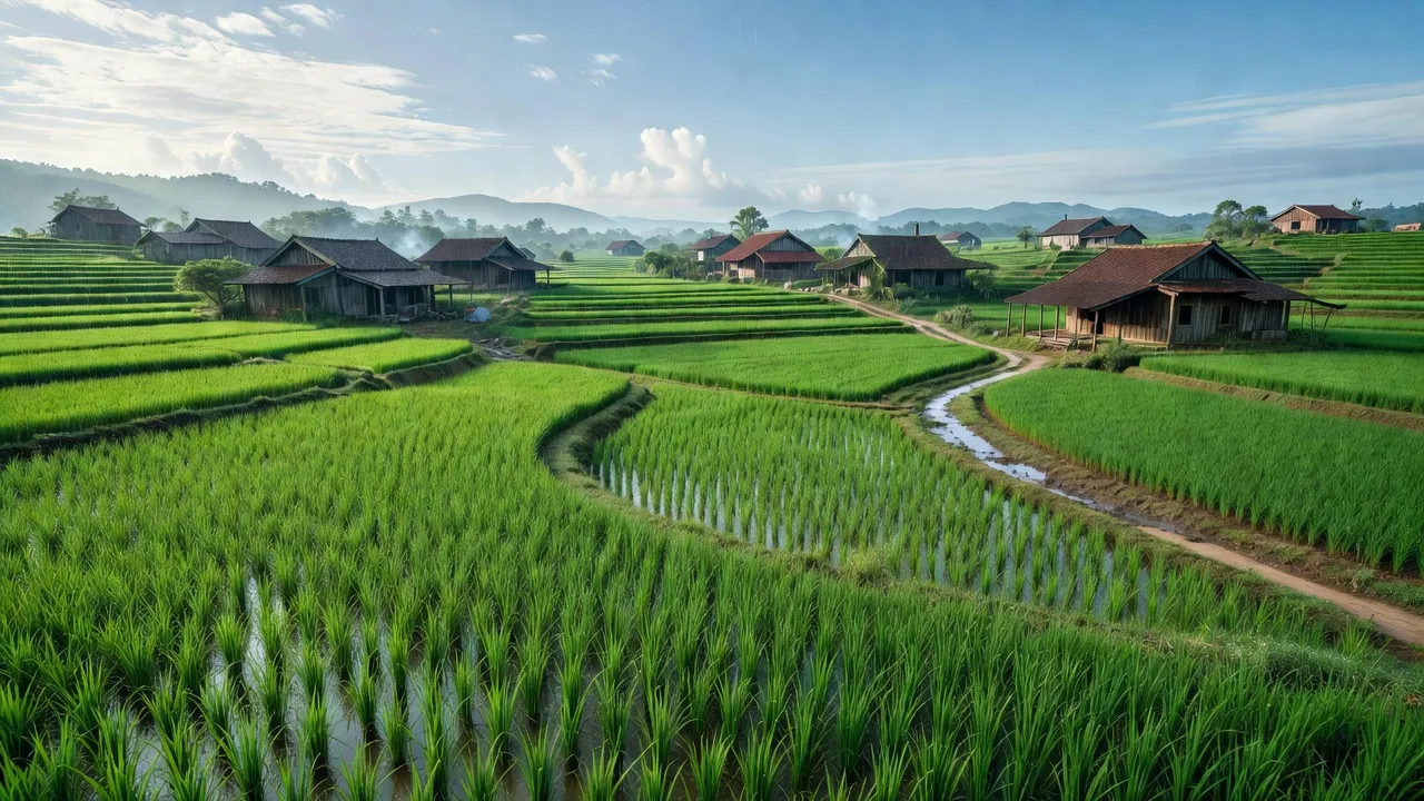 Cảnh quan Xã Sơn Đông, Thị xã Sơn Tây, với cánh đồng xanh mướt và nhà truyền thống Việt Nam.