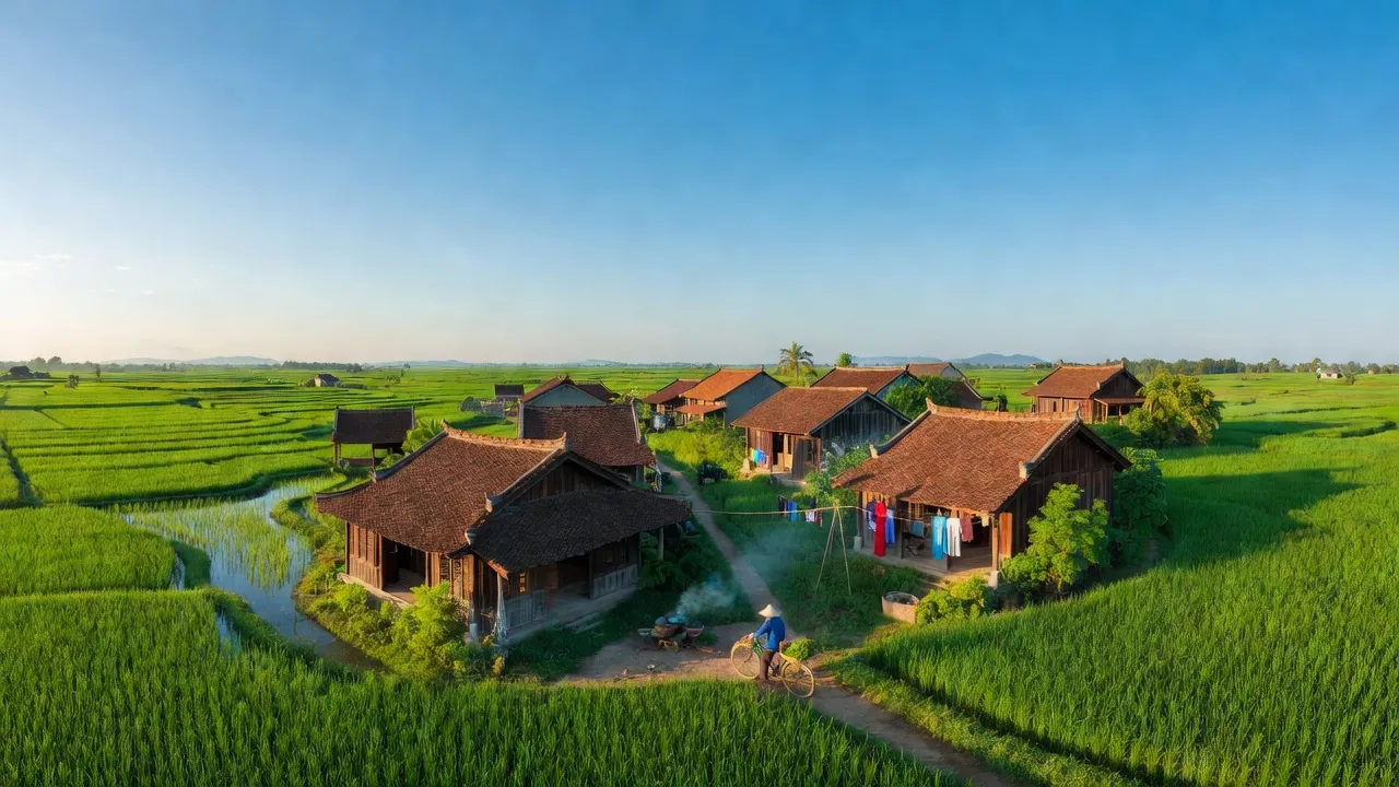 Khung cảnh bình dị Phường Sơn Lộc, Thị xã Sơn Tây, Hà Nội với nhà truyền thống và cánh đồng xanh.
