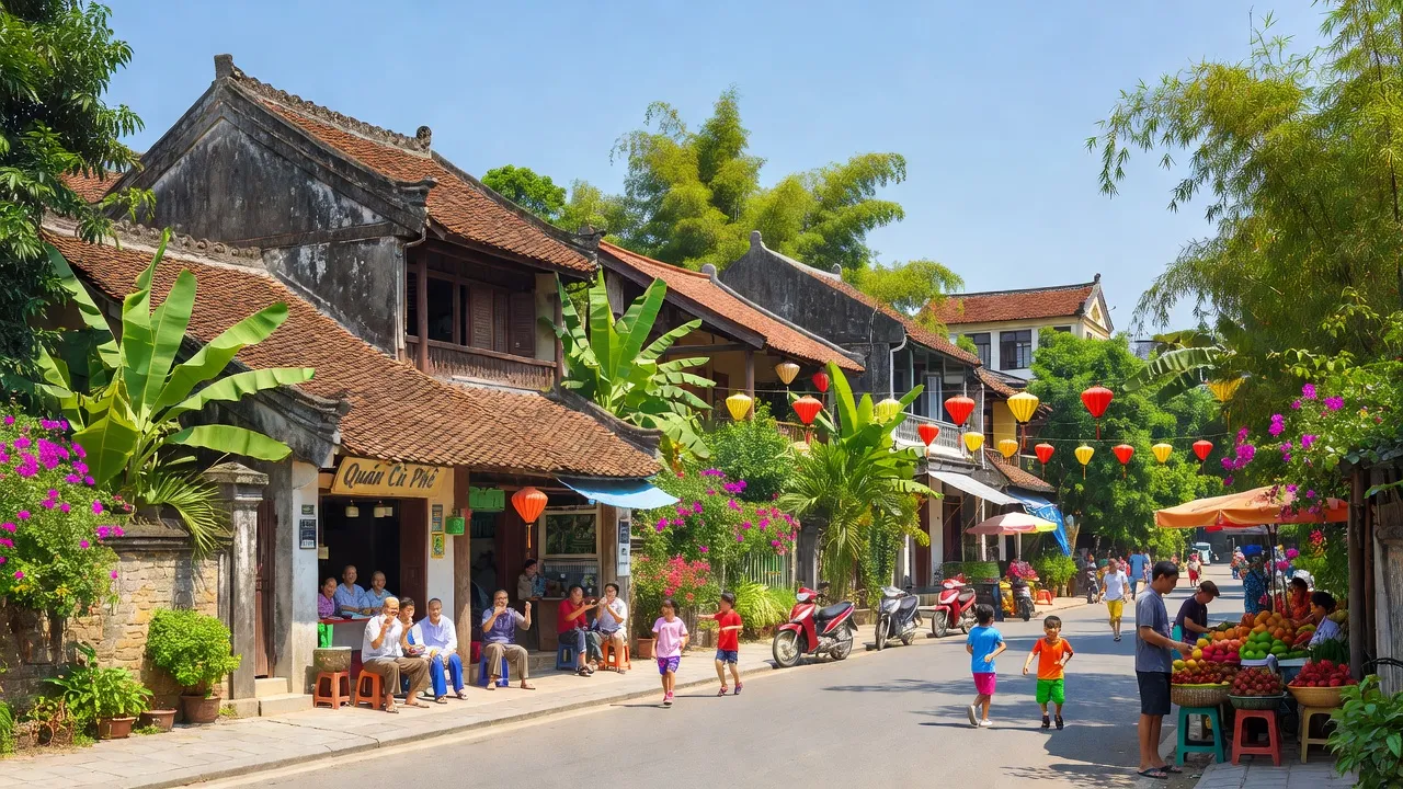 Khung cảnh xanh tươi của Phường Sơn Lộc, Sơn Tây, Hà Nội với kiến trúc truyền thống và đường phố nhộn nhịp.