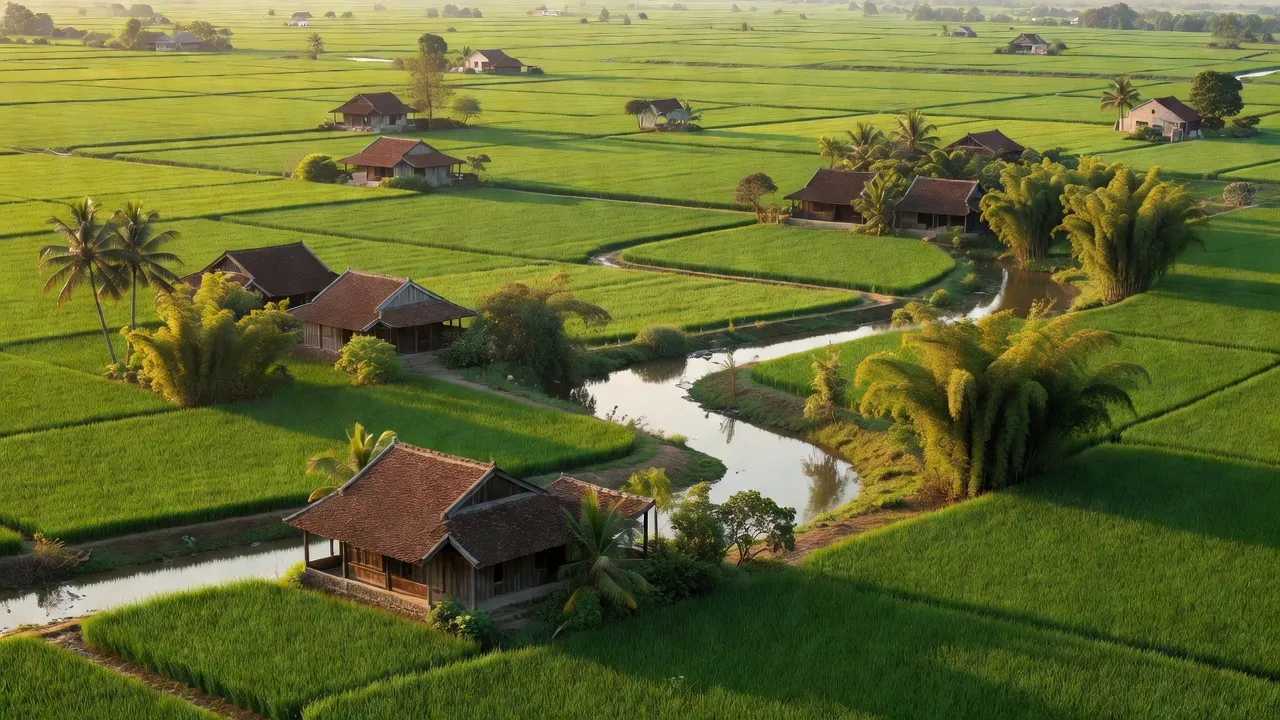 Khung cảnh nông thôn đẹp của xã Thanh Mỹ, thị xã Sơn Tây, với đồng xanh và nhà truyền thống.