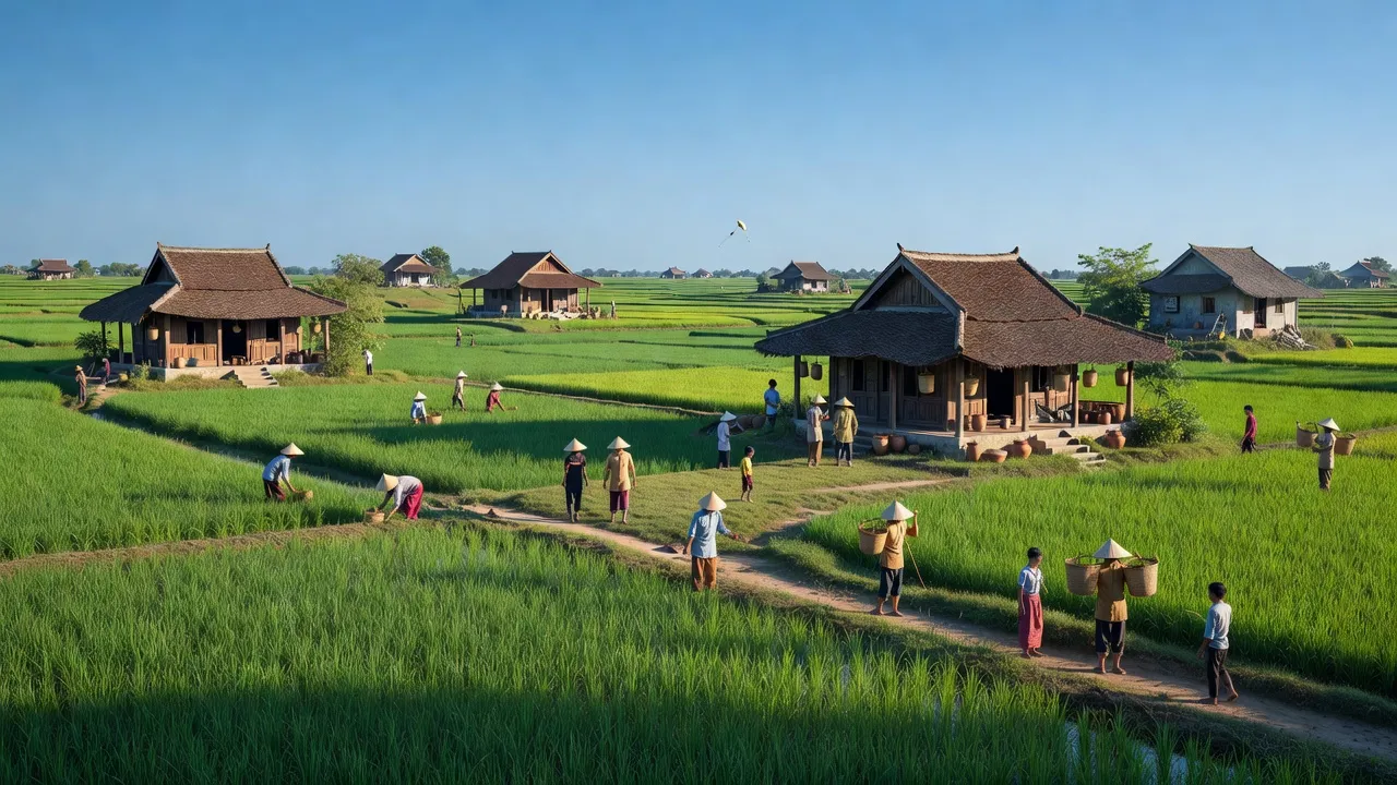 Khung cảnh yên bình xã Thanh Mỹ, Sơn Tây, Hà Nội với đồng lúa và nhà truyền thống.