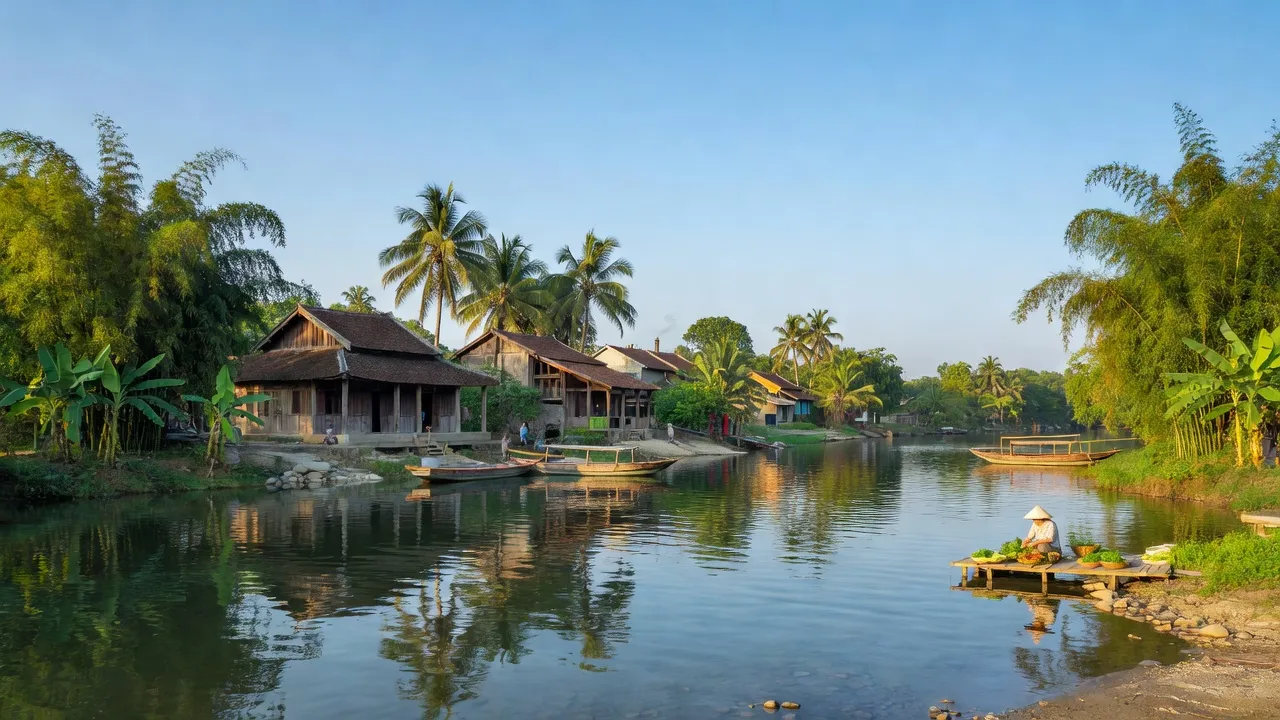 Khung cảnh yên bình của phường Trung Sơn Trầm, Sơn Tây, Hà Nội, với sông Sơn Trầm, cây xanh và nhà truyền thống.