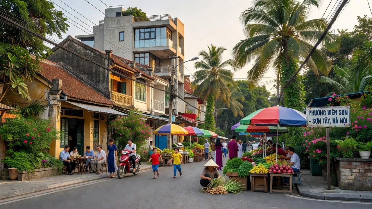 Cảnh quan đường phố Phường Viên Sơn, Sơn Tây, Hà Nội với kiến trúc truyền thống và không gian xanh.