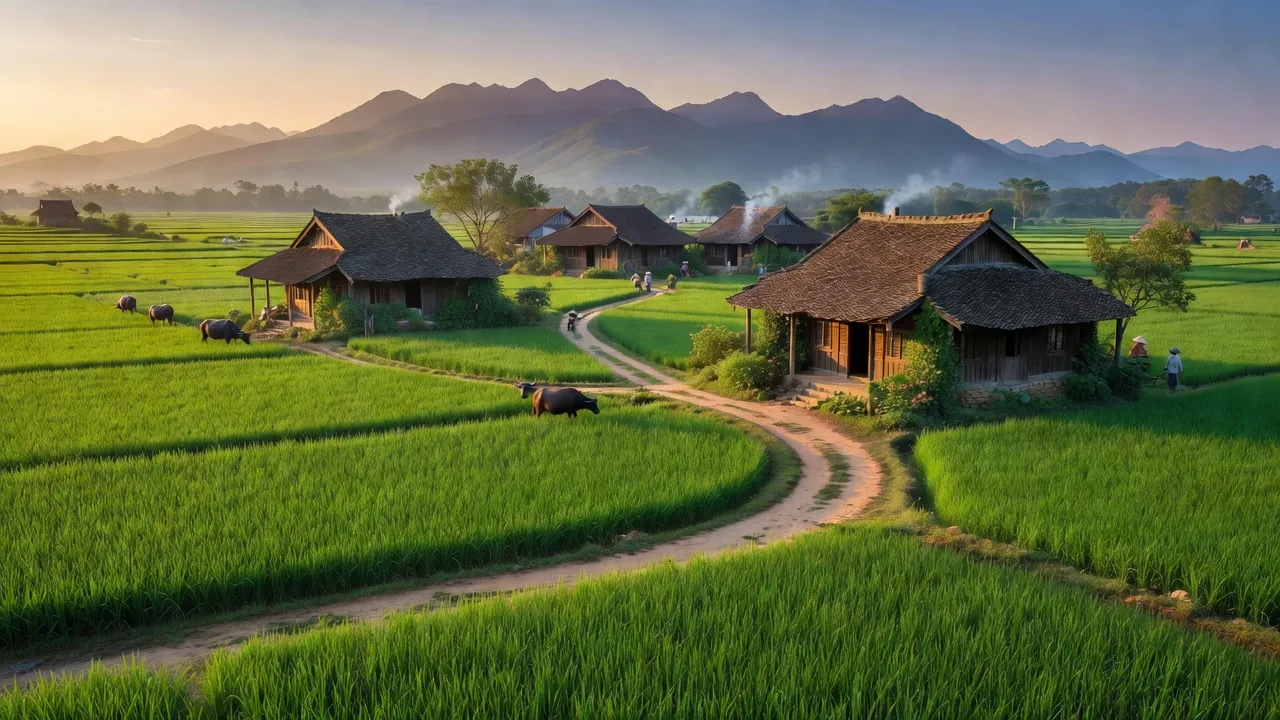 Cảnh đẹp xã Xuân Sơn, Thị xã Sơn Tây, Hà Nội với đồng xanh và nhà truyền thống.