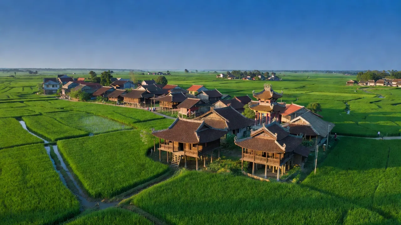 Khung cảnh huyện Thạch Thất, Hà Nội với thiên nhiên xanh tươi và kiến trúc truyền thống.
