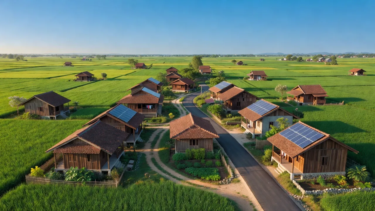 Cảnh quan xã Bình Yên, Thạch Thất, Hà Nội với cánh đồng xanh và nhà cửa truyền thống.