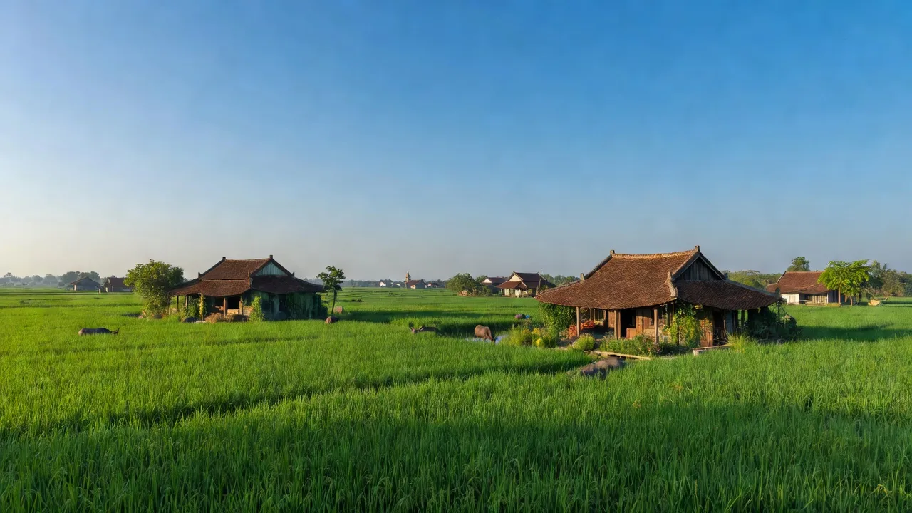 Cẩm Yên, Thạch Thất, Hà Nội với cánh đồng xanh mướt và nhà truyền thống Việt Nam.
