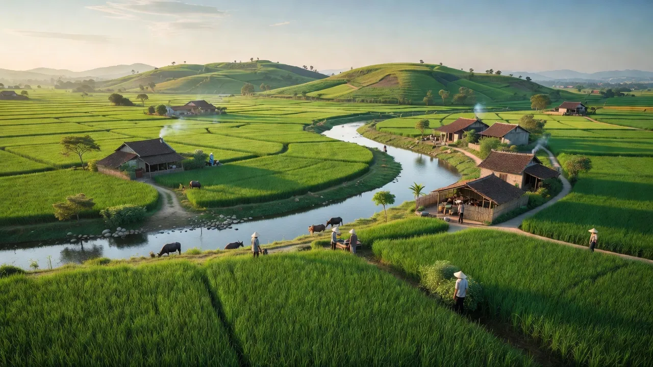 Cánh đồng xanh và gò đồi thấp tại xã Cần Kiệm, huyện Thạch Thất, Hà Nội.