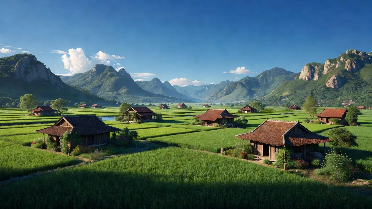 Khung cảnh xã Đại Đồng, Huyện Thạch Thất, Hà Nội với cánh đồng xanh và nhà truyền thống.