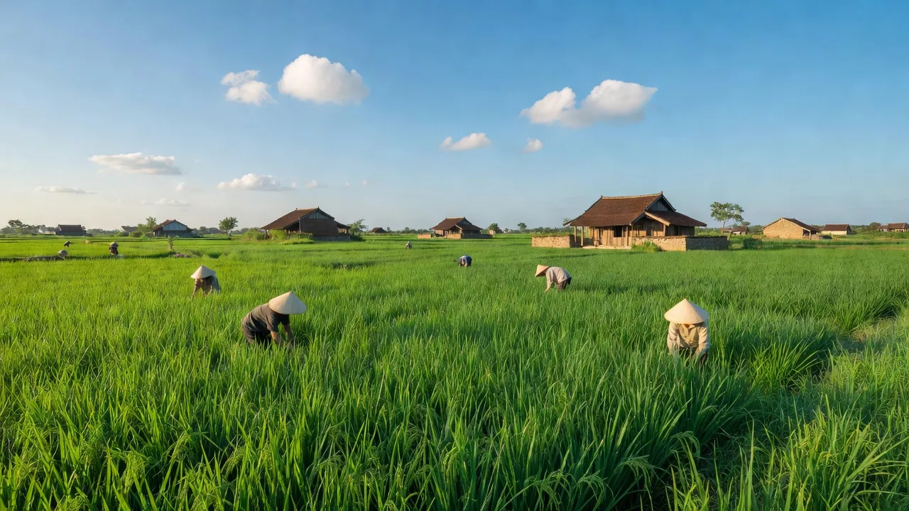 Cảnh đẹp đồng quê xã Đồng Trúc, Thạch Thất, Hà Nội với cánh đồng xanh và nhà truyền thống.