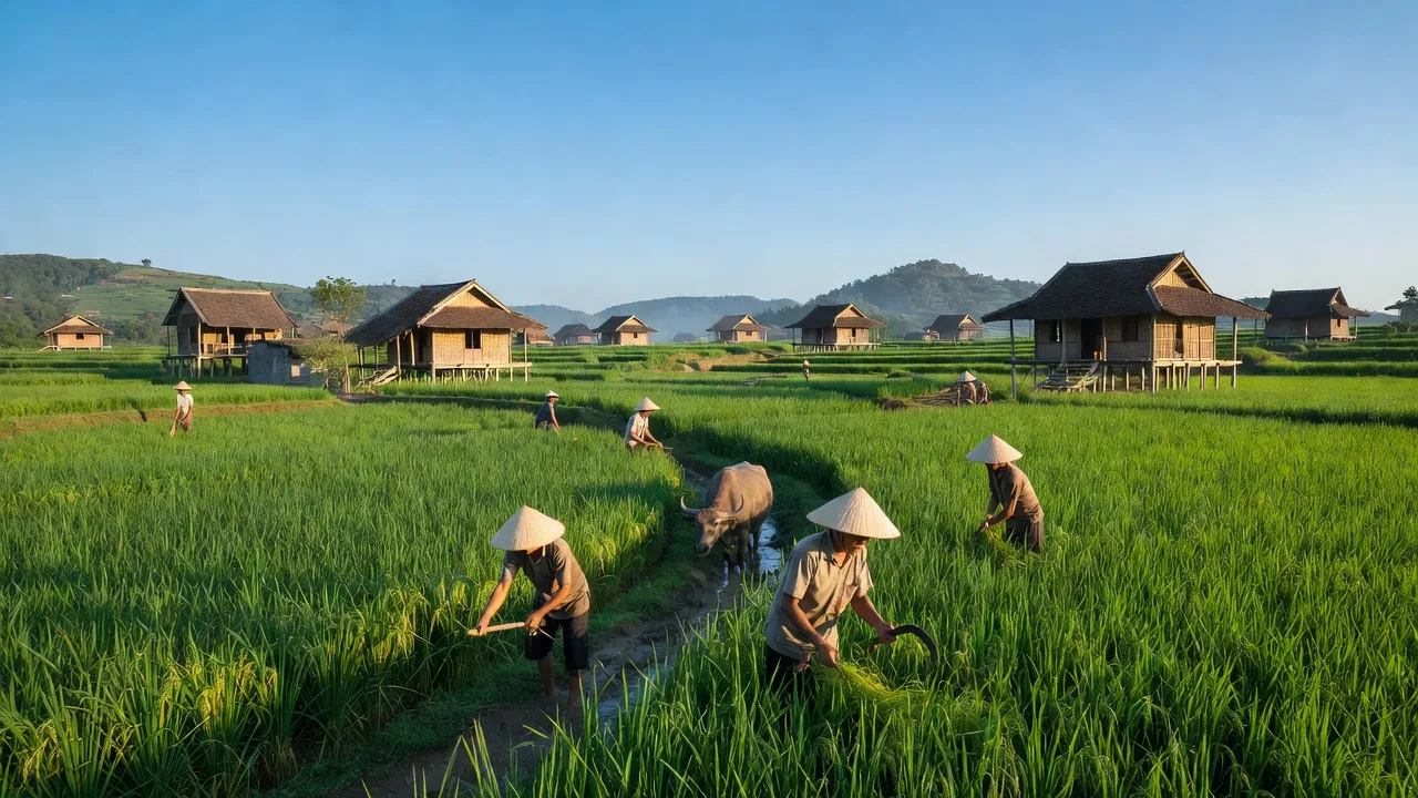 Cảnh đẹp xã Đồng Trúc, huyện Thạch Thất, Hà Nội với cánh đồng lúa xanh và nhà truyền thống.