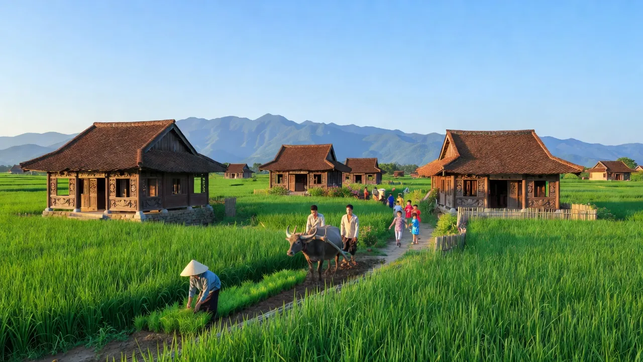 Khung cảnh bình yên ở xã Hạ Bằng, huyện Thạch Thất, Hà Nội với nhà truyền thống và đồng cỏ xanh.
