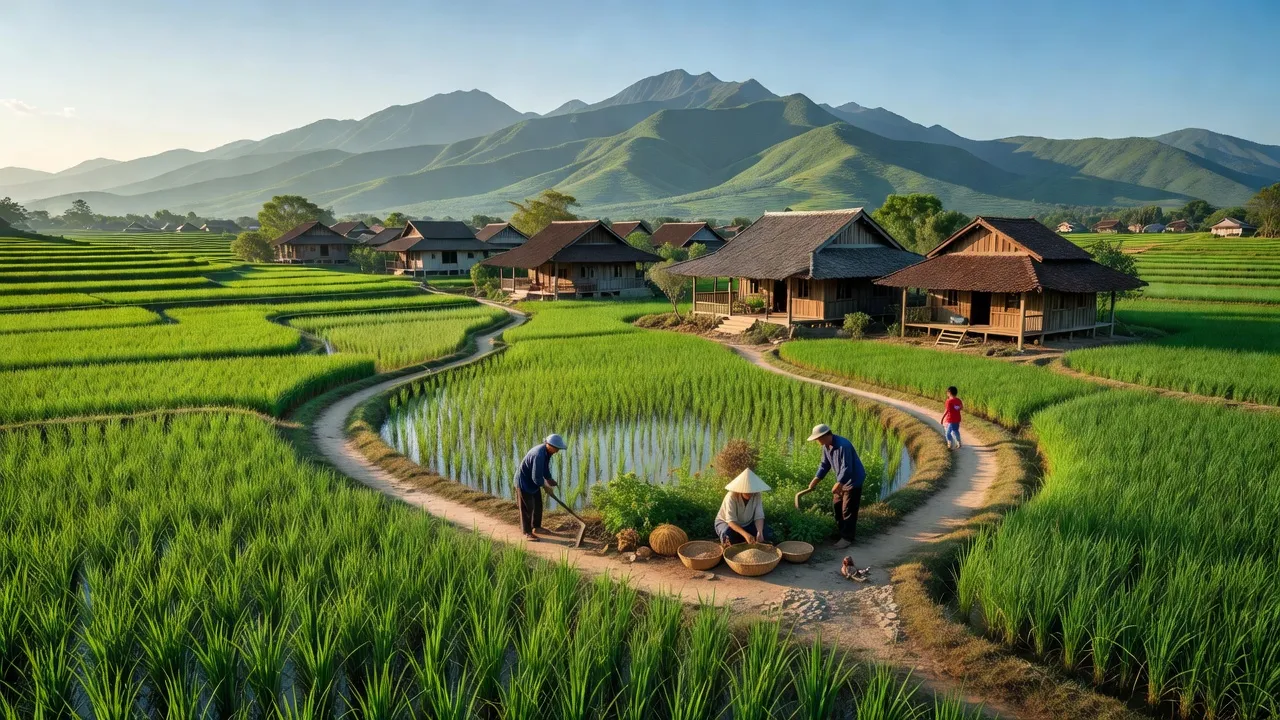 Khung cảnh yên bình xã Hương Ngải, huyện Thạch Thất, với đồng xanh và núi non, thiên nhiên trong lành.