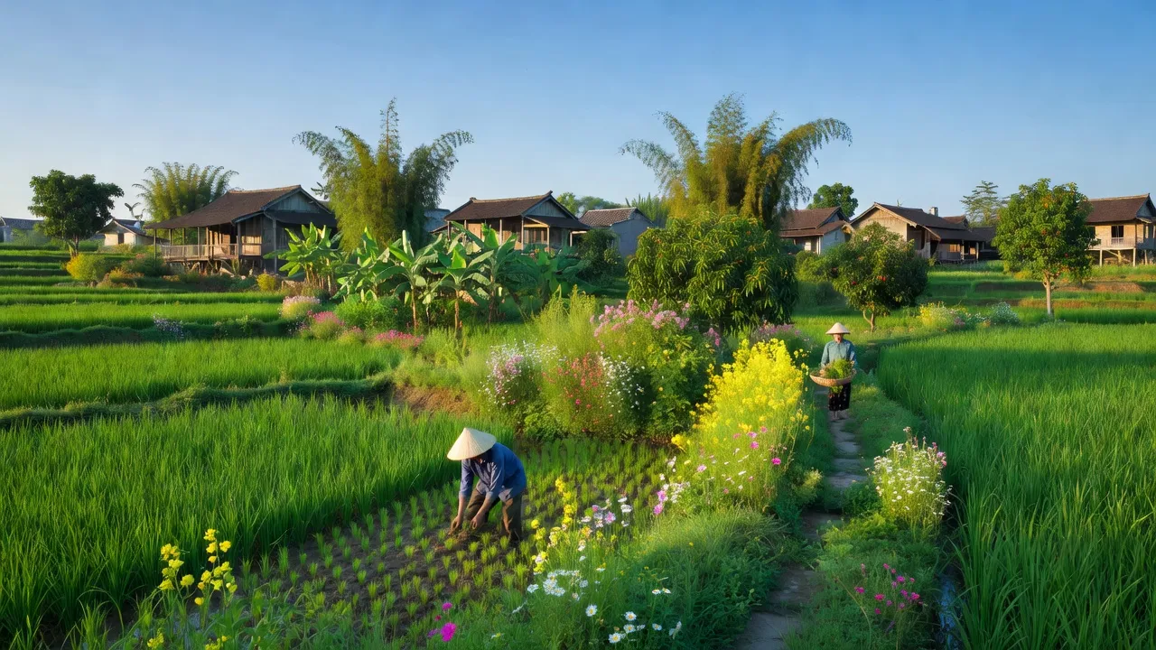 Cảnh nông thôn xã Lại Thượng, huyện Thạch Thất, Hà Nội với cánh đồng xanh và nhà truyền thống.