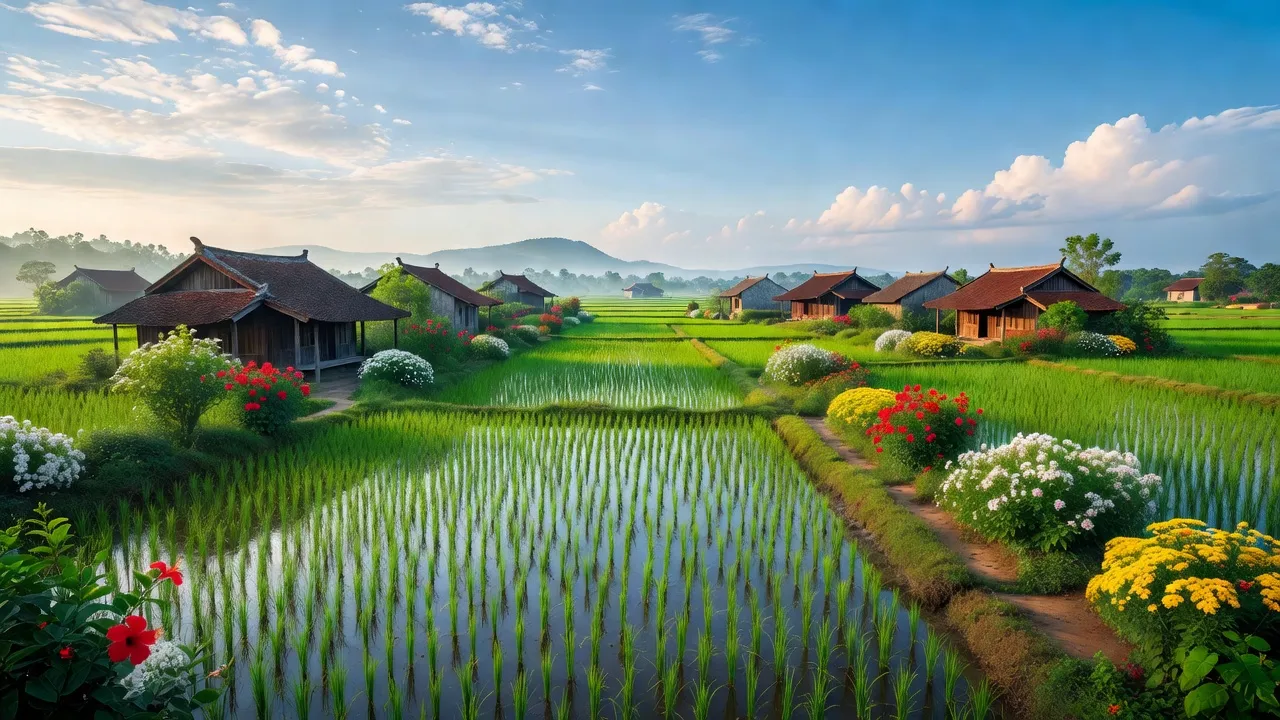 Khung cảnh xã Lam Sơn, huyện Thạch Thất, Hà Nội với đồng xanh và bầu trời trong xanh.