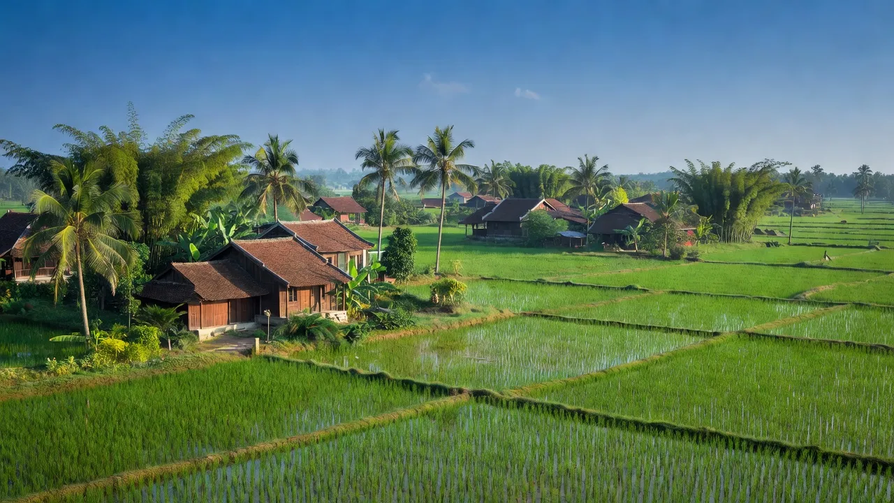 Khung cảnh yên bình tại xã Lam Sơn, huyện Thạch Thất, Hà Nội với cánh đồng xanh và nhà truyền thống.