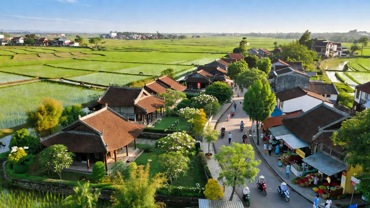 Thị trấn Liên Quan, huyện Thạch Thất, Hà Nội, với cảnh quan xanh và kiến trúc truyền thống.