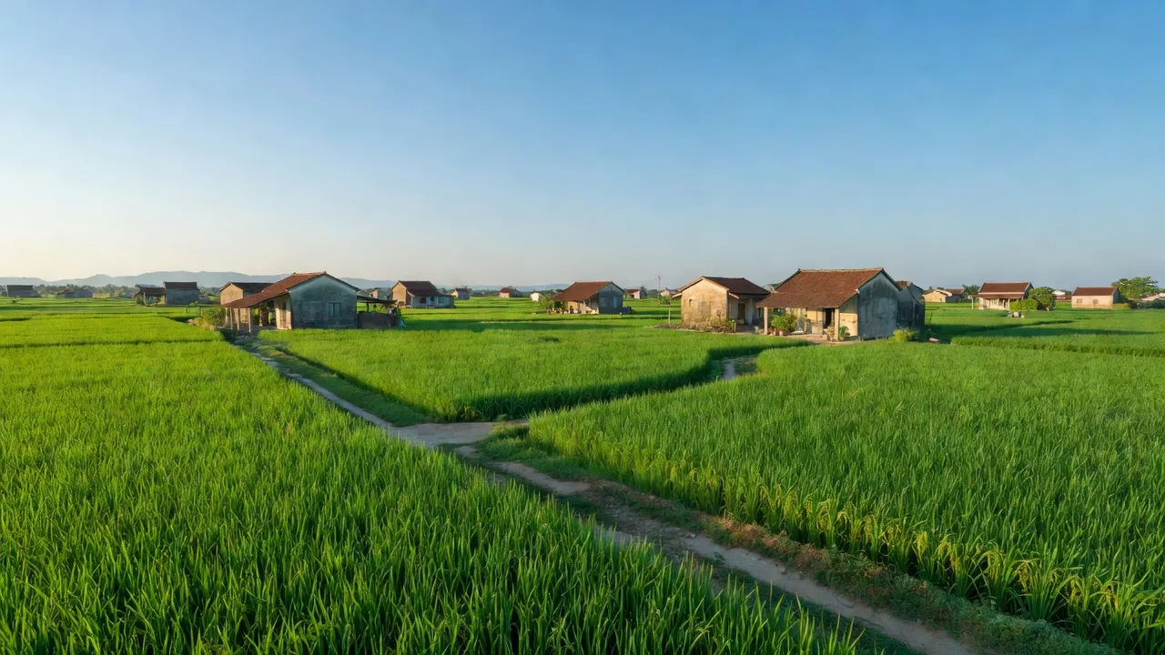 Cảnh sắc yên bình xã Phú Kim, huyện Thạch Thất, Hà Nội với cánh đồng xanh và nhà cửa bản địa.